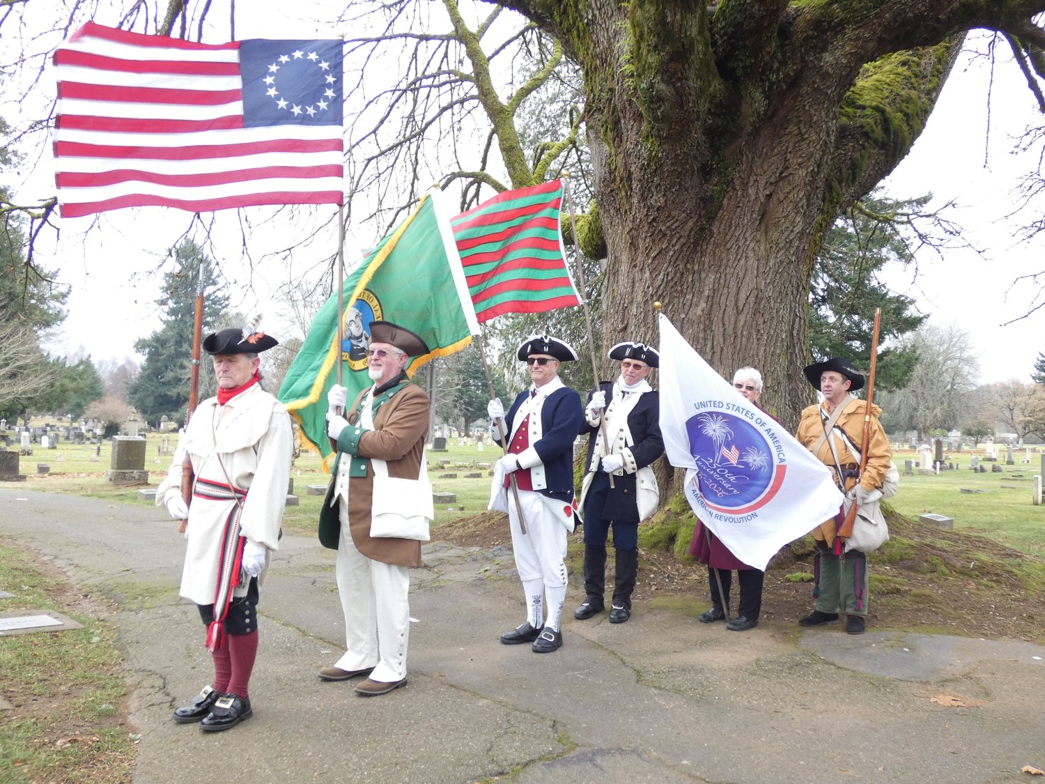 Color Guard is ready to march. George Rogers Clark Chapter SAR Color Guard. (L-R) Joe Coorough, Lew Maudsley, Dick Moody, Art Dolan, Judi Hine, Eric Olsen.